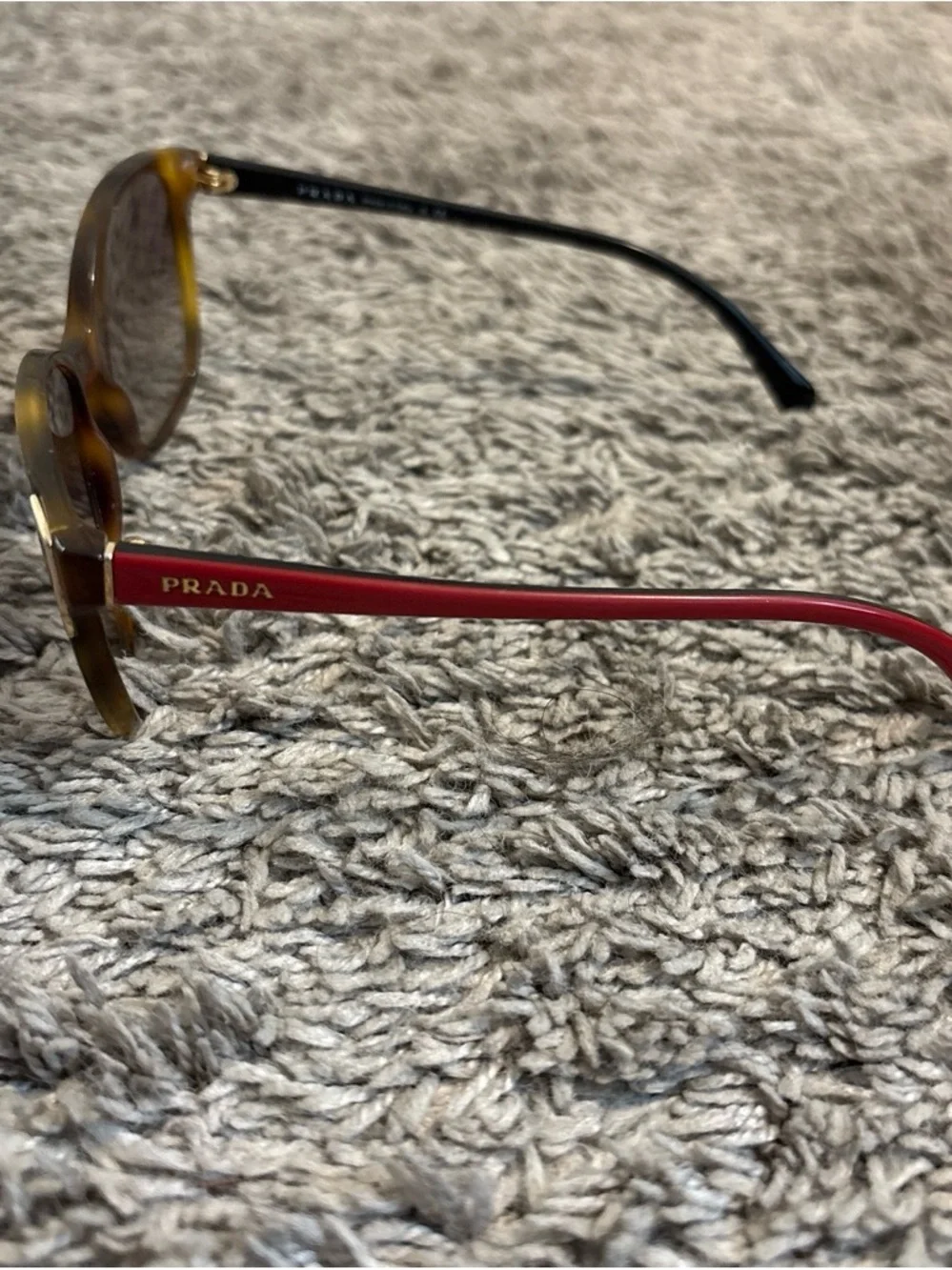 Prada Red Temple Brown Gradient Lens Sunglasses with Gold Logo